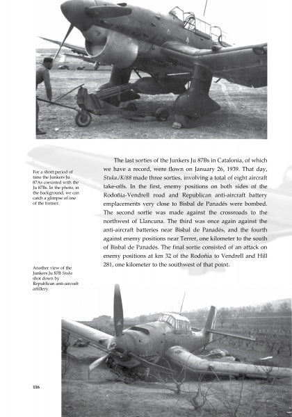 A black-and-white page from "Stukas Over Spain" by Schiffer Publishing, Ltd. features two photos of Luftwaffe Stukas in Catalonia and text on their final sorties during the Spanish Civil War in January 1939.