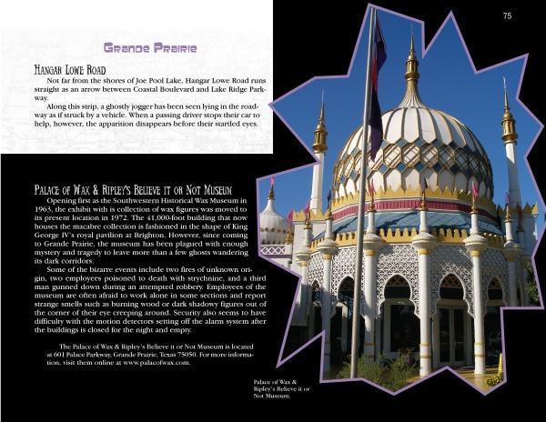 A page from Supernatural Texas by Schiffer Publishing, Ltd. features text about Grande Prairie and the Palace of Wax & Ripley's Believe It or Not Museum, plus a star-shaped photo of a domed building rumored to be haunted in Texas.