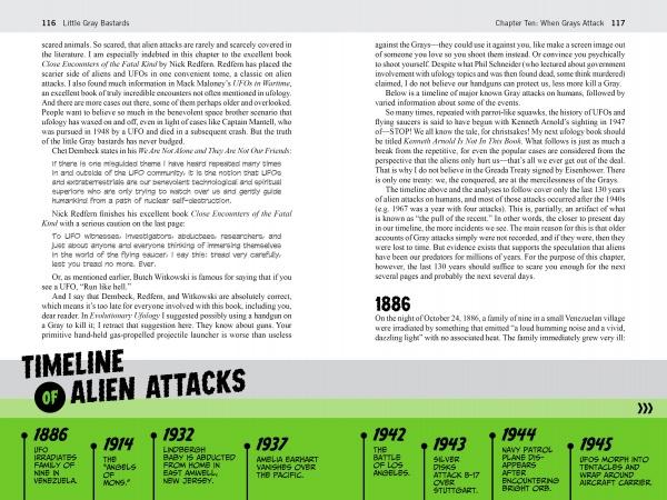 A two-page spread from Little Gray Bastards by Schiffer Publishing, Ltd. features text on alien attacks, plus a green timeline below marking key ufology and “alien attack” events from 1886–1947 in black text with icons.