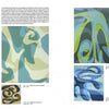 Art portfolio spread for Schiffer Publishing, Ltd.'s "Painted Sky" showing abstract blue, green, and yellow artworks, a small artist portrait on the left, and close-up images of individual pieces on the right.
