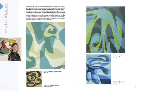 Art portfolio spread for Schiffer Publishing, Ltd.'s "Painted Sky" showing abstract blue, green, and yellow artworks, a small artist portrait on the left, and close-up images of individual pieces on the right.
