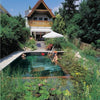 The Swimming Ponds by Schiffer Publishing, Ltd. features a natural pool with water lilies, lush plants, and greenery, a house with a balcony, two swimmers, and a person relaxing under a white umbrella by the pond.