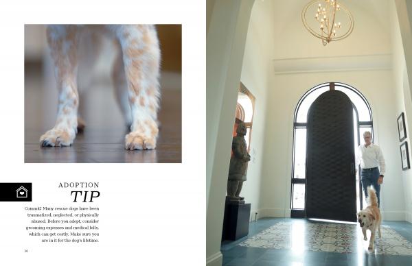 A man walks a golden retriever, a cherished rescue, through a sunny home’s doorway; at left, a close-up of the dog’s furry paws appears above an adoption tip—featured in "At Home with Dogs" by Schiffer Publishing, Ltd.