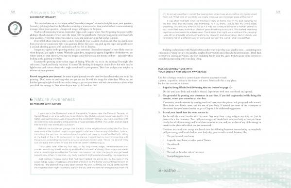 A two-page book spread from *The Psychic Workbook* by Schiffer Publishing, Ltd. features organized text and headings like “Answers to Your Question,” “Nature Awareness,” and “Breathe” on clean, white pages with light green accents, exploring psychic development.