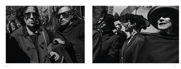 Two black-and-white photographs featured in "Briefly Seen" by Schiffer Publishing, Ltd. depict groups of women in dark clothing and accessories, their serious expressions reflecting classic New York City street photography.