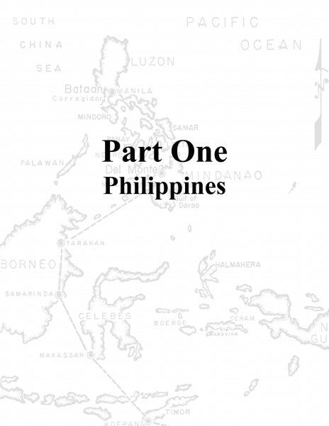 A grayscale map of the Philippines with "Part One Philippines" in bold at center, set against nearby regions—evoking WWII air combat by the 5th Fighter Command. From Schiffer Publishing, Ltd.: The 5th Fighter Command in World War II.