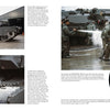 Photos show soldiers cleaning M1 Abrams tanks and another adjusting chains beneath one. A colorful military patch with flags and text appears on the right, with additional text across the layout. Product by Schiffer Publishing, Ltd.
