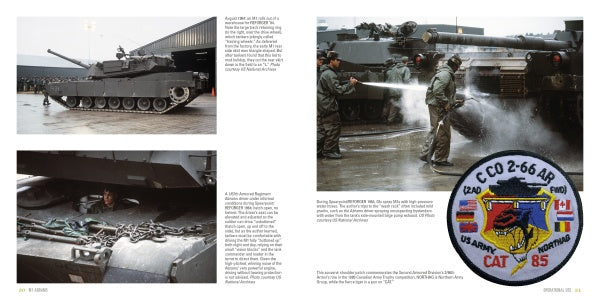 Photos show soldiers cleaning M1 Abrams tanks and another adjusting chains beneath one. A colorful military patch with flags and text appears on the right, with additional text across the layout. Product by Schiffer Publishing, Ltd.