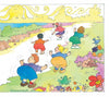 Five children hop along a colorful, winding path by a river, surrounded by flowers and animals under a sunny sky—just like a playful scene from "Busy Bodies" by Schiffer Publishing, Ltd.