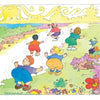 Five children hop along a colorful, winding path by a river, surrounded by flowers and animals under a sunny sky—just like a playful scene from "Busy Bodies" by Schiffer Publishing, Ltd.