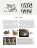 A magazine page features triangular and rectangular border patterns, decorated drums, and a painted box, with text on the design process from "Doodling Borders for Wood Burning, Gourds & Drawing" by Schiffer Publishing, Ltd.