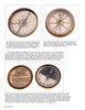 A page from Compass Chronicles by Schiffer Publishing, Ltd. displays four uniquely designed antique pocket compasses with detailed descriptions, highlighting their historical significance and intricate craftsmanship.