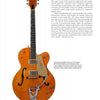 The Gretsch 6120 by Schiffer Publishing, Ltd. is shown upright against a white background with descriptive text beside this collectible electric guitar featuring gold hardware, f-holes, dual pickups, Bigsby tremolo, and pickguard.