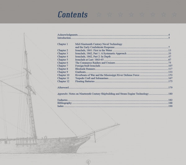 The Confederate Steam Navy by Schiffer Publishing, Ltd. features a table of contents with blue text over a sailing ship sketch. Chapters cover Civil War steamships, ironclads, river gunboats, naval tech, and batteries.