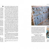 A magazine spread on construction and architecture highlights "Moving Sam Maloof" by Schiffer Publishing, Ltd., with images of steel rebar foundations and wet concrete pouring, showcasing essential historic preservation techniques.