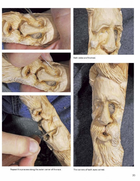 A collage of five photos shows hands using Tom Wolfe Carves Spirit Canes by Schiffer Publishing, Ltd. to carve expressive wooden eye corners, with close-ups revealing hand-tool detail from rough cuts to the finished sculpture.
