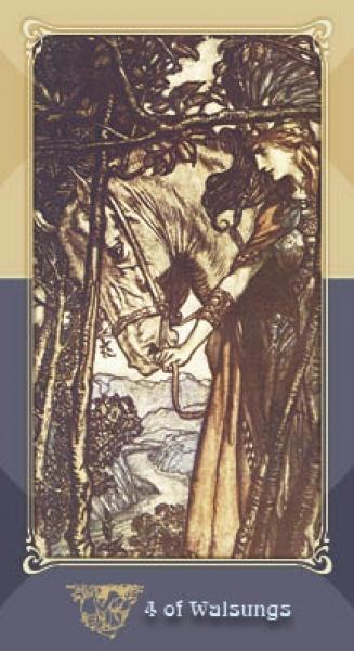 A woman in flowing robes stands in a forest holding a sword, surrounded by hills and trees. The ornate frame and "4 of Walsungs" label reflect Schiffer Publishing's The Ring Cycle Tarot, inspired by Arthur Rackham’s art.