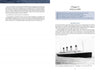 A black-and-white photo of the RMS Titanic at sea appears under a timeline (1912–1929) detailing maritime regulation changes; opposite, sources and chapter details from Maritime Casualties by Schiffer Publishing, Ltd. are listed.