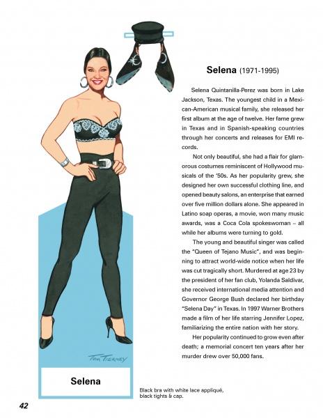 Illustration from Schiffer Publishing, Ltd.'s "Famous Texas Women" shows Selena in black pants and a black bra with white lace. Inspired by Tom Tierney paper dolls, it features close-ups of her outfit and hair; text about her life appears on the right.