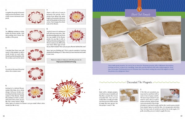 Two pages from "Wax on Crafts Holiday Projects" by Schiffer Publishing, Ltd.: the left page gives illustrated steps for painting flowers with wax art, while the right offers photos and tips for decorating square tiles.