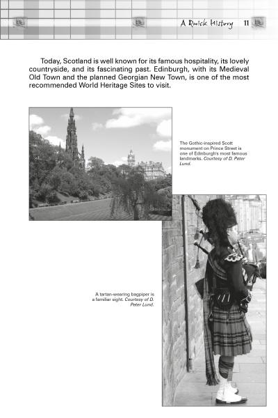 A page from *Scottish Ghosts* by Schiffer Publishing, Ltd. features black-and-white photos of Edinburgh and a bagpiper, exploring Scotland’s heritage, haunted castles, and legendary ghost stories.