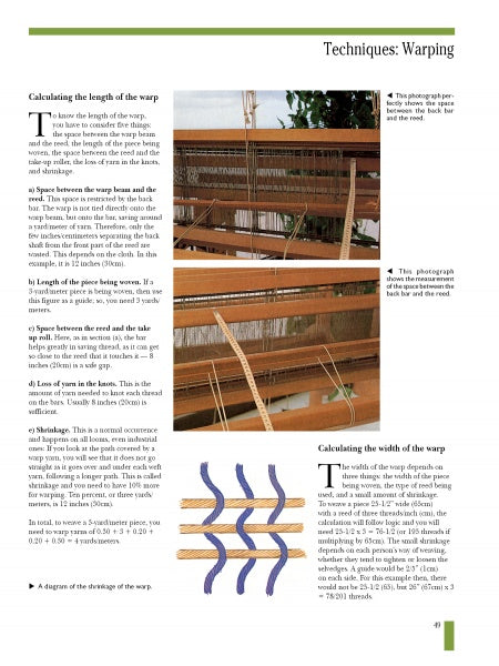A page from "The Techniques and Art of Weaving" by Schiffer Publishing, Ltd. explains warp calculation for weaving, with text, thread path diagrams, and two photos of a loom showing threads through heddles and reed.