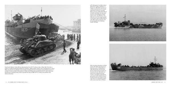 A vintage photo shows LST-77 unloading a tank in WWII, while two smaller images feature LST-77 and LCI-100 at sea—all from Schiffer Publishing, Ltd.'s "US Landing Craft of World War II, Vol. 2" by David Doyle.