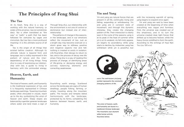 In Schiffer Publishing, Ltd.'s "Feng Shui," two pages explore principles like The Tao, Heaven, Earth, Humanity, Yin and Yang, and chi'i energy. A yin-yang symbol and a mountain landscape with flowing lines appear on the right page.