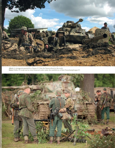 Two photos from "German World War II Reenacting" by Schiffer Publishing, Ltd. show groups in Wehrmacht uniforms near Panzer IV tanks: one with soldiers by a muddy trench, another with soldiers beside tank 734.