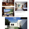 A collage from "Hollywood Bachelor Pads" by Schiffer Publishing, Ltd. features modern interiors and exteriors—sleek kitchen, minimal bedroom, patio dining area, and white cubic house with large windows and clean lines.