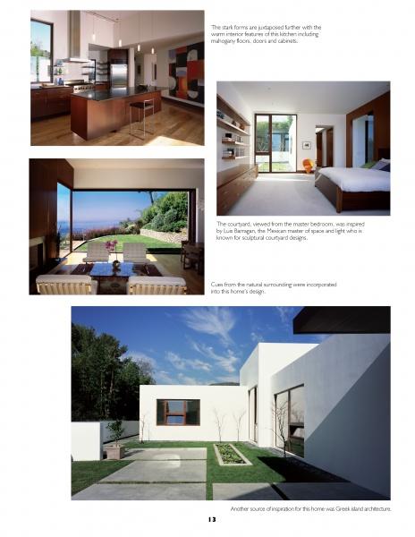 A collage from "Hollywood Bachelor Pads" by Schiffer Publishing, Ltd. features modern interiors and exteriors—sleek kitchen, minimal bedroom, patio dining area, and white cubic house with large windows and clean lines.