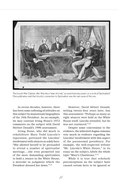 A black-and-white illustration from "The Paranormal Presidency of Abraham Lincoln" by Schiffer Publishing, Ltd. shows Lincoln at a table with six men; below, two columns discuss his spirituality, prophetic dreams, and adviser relationships.