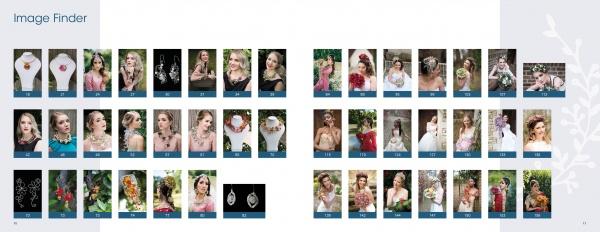 Schiffer Publishing, Ltd.'s Floral Accessories showcases a gallery grid of women in floral headpieces, jewelry, and elegant accessories, each portrait numbered and set against both light and dark backgrounds.