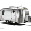 The Airstreams by Schiffer Publishing, Ltd. is a shiny, silver travel trailer with rounded edges, a single axle, multiple windows and doors, perfect for small-space living, shown against a plain white background.