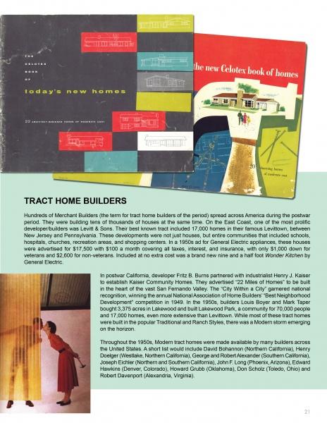 At the top, the book "Modern Tract Homes of Los Angeles" by Schiffer Publishing, Ltd. is shown. Below, a woman in red opens a sliding door. The text delves into postwar housing and iconic 1940s-50s Los Angeles architecture.