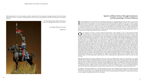 A two-page spread from "Ferrer-Dalmau" by Schiffer Publishing, Ltd.: the left page features a finely detailed miniature of a historical cavalryman with lance and red banner; the right delves into Spain’s military history and miniatures.
