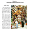 Several people use scaffolding to install a vibrant mural inspired by "Margot Van Voorhies" from Schiffer Publishing, Ltd., featuring birds and plants in glass or enamel panels, honoring mid-century Mexican enamel jewelry.