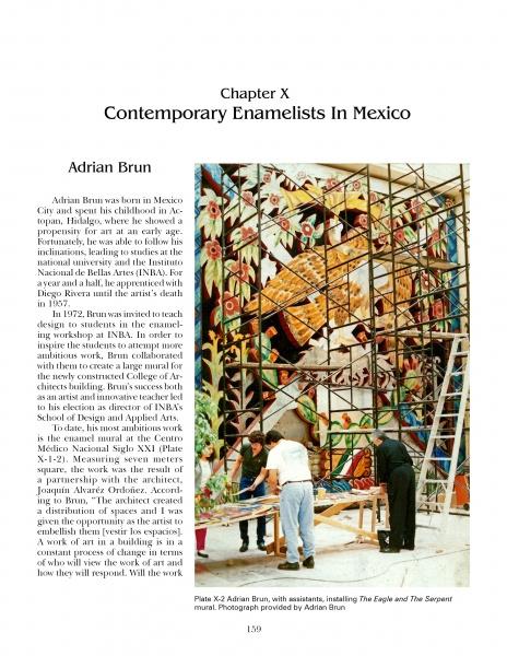 Several people use scaffolding to install a vibrant mural inspired by "Margot Van Voorhies" from Schiffer Publishing, Ltd., featuring birds and plants in glass or enamel panels, honoring mid-century Mexican enamel jewelry.