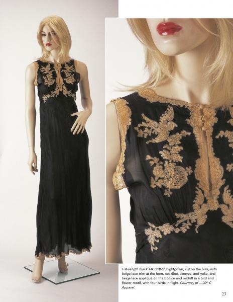 Featured in "Irresistible: The Art of Lingerie, 1920s-1980s" by Schiffer Publishing, Ltd., a mannequin displays a full-length black sleeveless nightgown with beige lace floral and bird embroidery on the bodice, shown in full and close-up views.