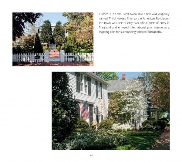 Top: White picket fence and brick path lead to a garden on Maryland's Eastern Shore. Bottom: Historic house with American flags, lush greenery, and blooming bushes near Chesapeake Bay. From "Eastern Shore Perspectives" by Schiffer Publishing, Ltd.