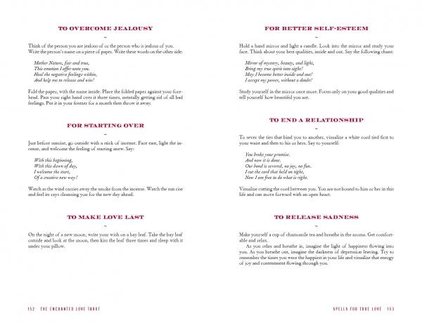 The Enchanted Love Tarot by Schiffer Publishing, Ltd. features six short rituals or spells for emotional well-being and relationships. Text is printed in black and pink on a white background.
