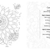 A black-and-white coloring book spread from the Happy Place Coloring Book by Schiffer Publishing, Ltd. shows a large sunflower, leaves, bees, and a caterpillar on the left; the right page displays the table of contents for relaxing mazes and patterns.