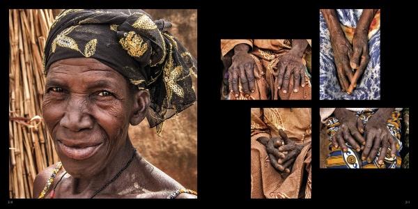 On the left, a close-up of an older woman in a patterned headscarf from Schiffer Publishing’s "Villages of West Africa" appears, while five smaller images of elders' hands are shown on the right against a black background.