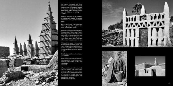 Black and white photos in "Villages of West Africa" by Schiffer Publishing, Ltd. capture traditional Sahelian mud-brick architecture with tall towers and ornate facades, highlighting the buildings’ history, artisanship, and cultural significance.