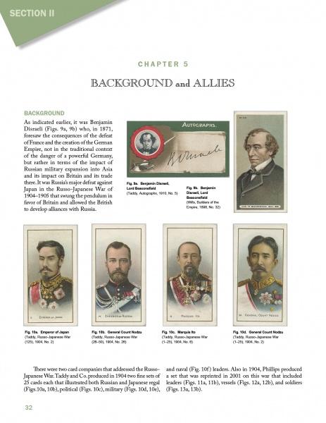 A page from "The First World War on Cigarette and Trade Cards" by Schiffer Publishing, Ltd. shows Benjamin Disraeli and six other early 1900s leaders, plus text and a postcard marked “Autograph,” evoking WWI memorabilia.