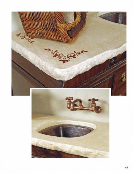 Featuring a Casting Concrete Countertops design by Schiffer Publishing, Ltd., this DIY project includes a rough stone edge, metal sink, wall-mounted bronze faucet, a wicker basket, and embroidered floral details for inspiration.