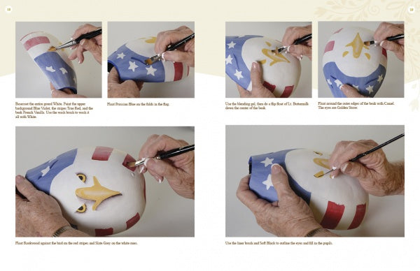 A step-by-step photo guide in Schiffer Publishing, Ltd.'s "Creating Wall Pockets" shows hands painting a patriotic bald eagle mask—ideal inspiration for your next gourd craft book project.