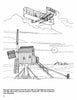 A historic post windmill with large blades stands in front as an early biplane flies above. Ideal for the Windmills Activity Book by Schiffer Publishing, Ltd.—great for coloring or educational fun as the sun sets behind distant buildings and clouds.