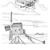 A historic post windmill with large blades stands in front as an early biplane flies above. Ideal for the Windmills Activity Book by Schiffer Publishing, Ltd.—great for coloring or educational fun as the sun sets behind distant buildings and clouds.