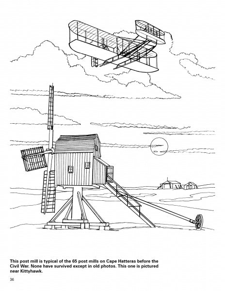 A historic post windmill with large blades stands in front as an early biplane flies above. Ideal for the Windmills Activity Book by Schiffer Publishing, Ltd.—great for coloring or educational fun as the sun sets behind distant buildings and clouds.